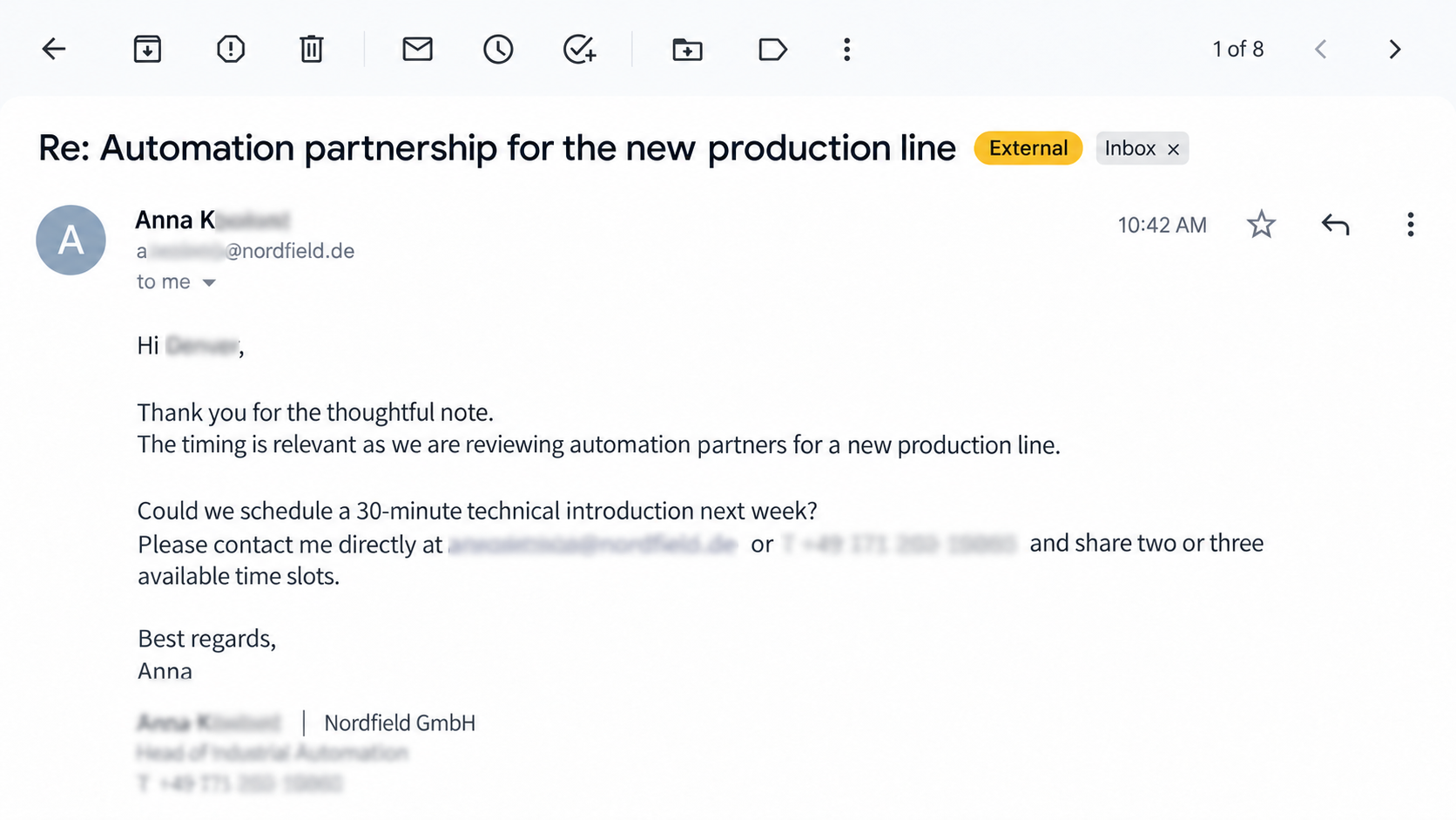 Nordfield Automation에서 받은 예시 Gmail 회신